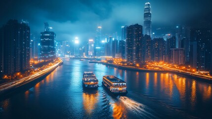 Fototapeta premium Two boats cruising in victoria harbour with hong kong skyline at night