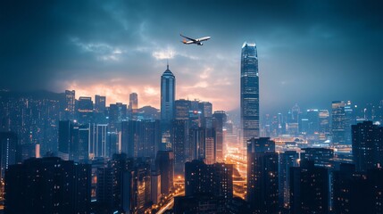 Fototapeta premium Airplane flying over hong kong skyline at dusk