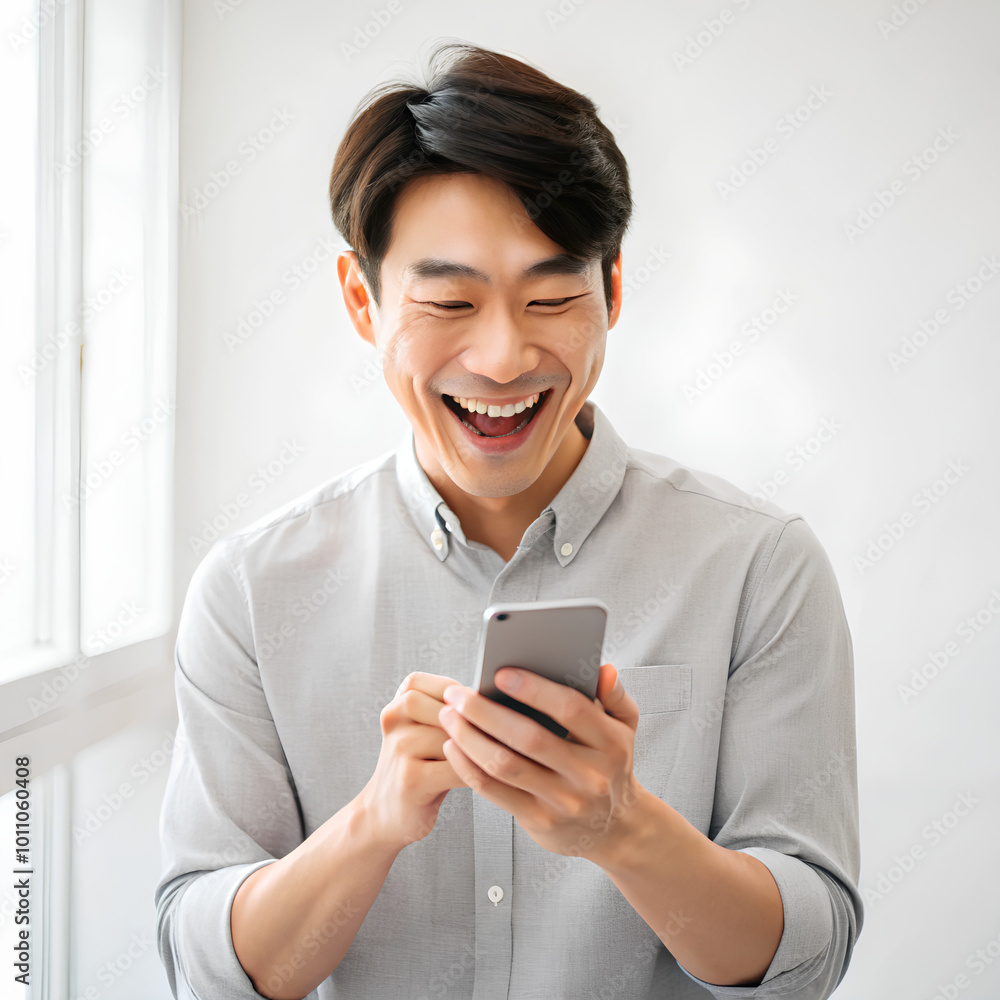 Wall mural man laughing and using smartphone in excitement in a minimalist white background