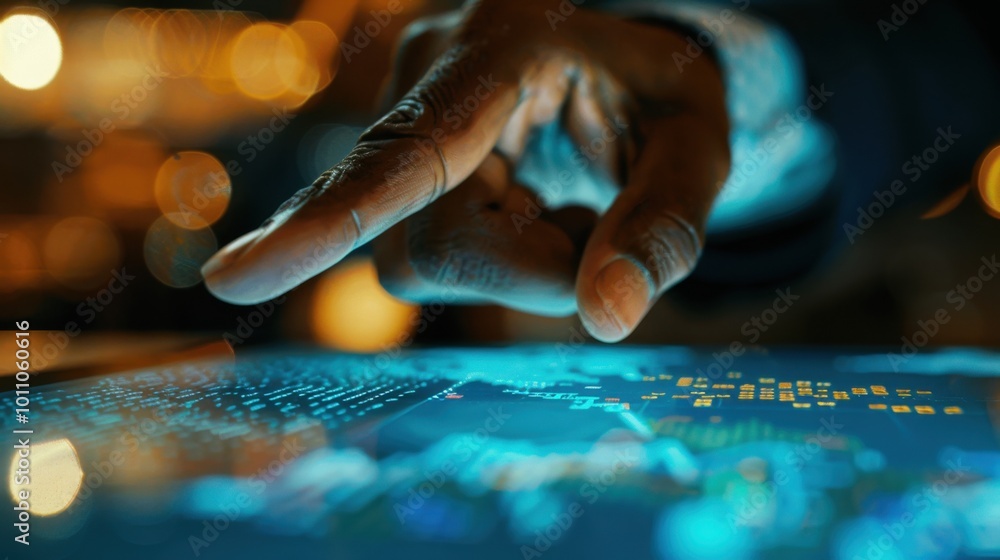 Poster hand interacting with digital touchscreen display