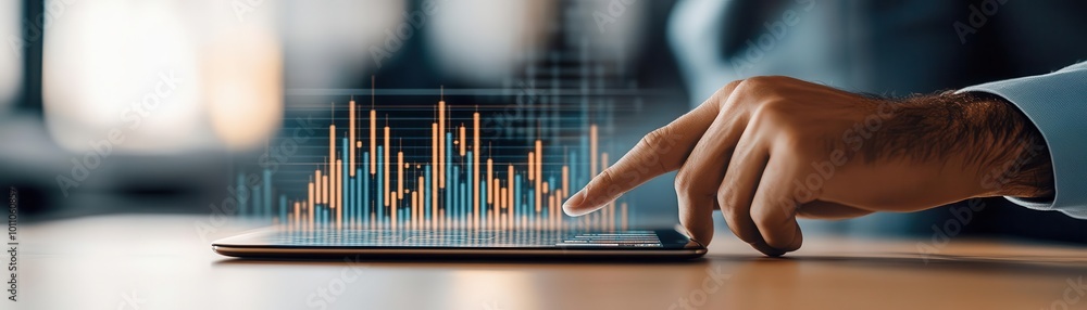 Poster close-up of a businessman's hand interacting with a digital tablet displaying financial graphs and d