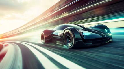 Obraz premium Sleek electric sports car speeding on futuristic racetrack, showcasing its aerodynamic design and powerful performance. vibrant colors and motion blur evoke sense of excitement and speed
