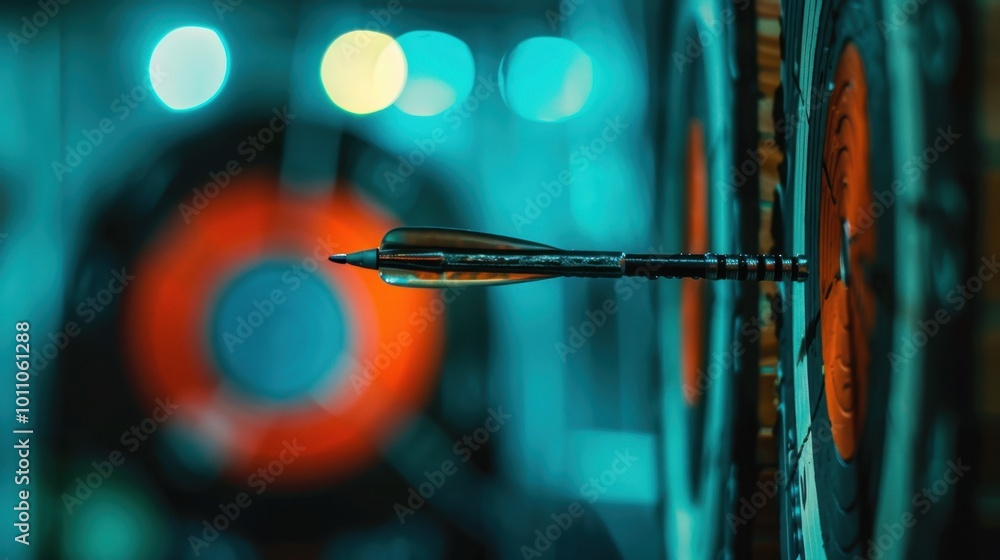 Poster precision arrow on target board in soft focus