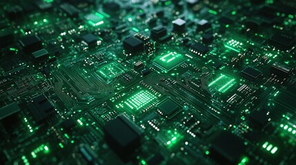 Fototapeta premium close-up view of emerald circuitry, a green circuit board pulsing with digital life, highlighting the complexity of technology and the power of modern electronics