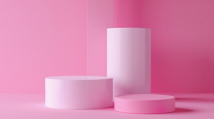 The image shows a minimalistic and aesthetically pleasing setup with a pink background and two cylindrical podiums of varying heights
