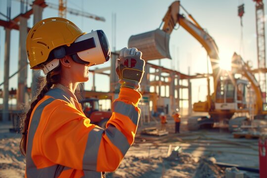Construction worker wearing a virtual reality headset on a building site with heavy machinery in the background - Powered by Adobe