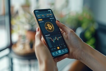 Person checking cryptocurrency market data on a smartphone in a modern office setting