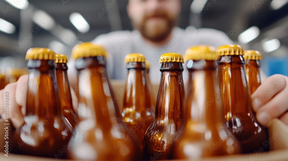 Poster brewery worker handling bottles in a factory setting with focus on amber glass bottles, ai