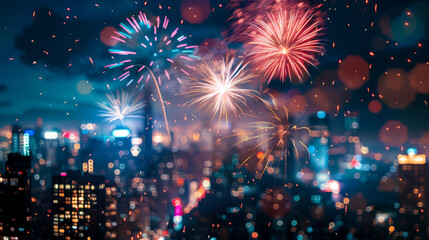stunning fireworks display lights up night sky over vibrant city skyline, creating festive atmosphere filled with colorful bursts and sparkling lights