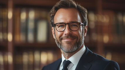 Fototapeta premium Caucasian White Man Attorney - man, suit, glasses, professional, lawyer, library, smiling, confident, attorney, businessman, executive, office, books, shelves, formal