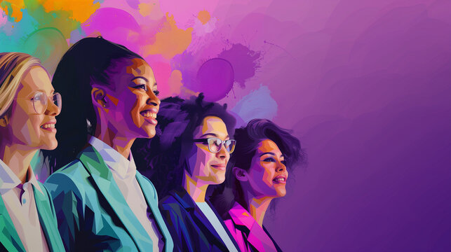International Women's Day illustration. Inclusion & diversity in business concept. Inclusive painted portrait of happy multiethnic women of different races. Purple banner, Generative ai