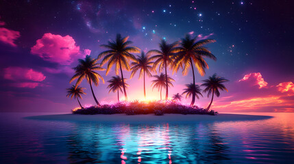 Vibrant neon island landscape with glowing palm trees and sparkling ocean at night, neon, island, landscape, vibrant
