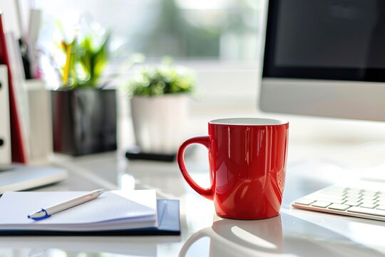 Red coffee mug on a white desk with a notebook, pen, and computer 