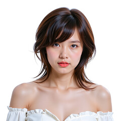 Fototapeta premium Confident Gaze: Portrait of a Young Woman with Shoulder-Length Brown Hair