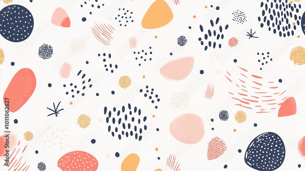 Wall mural playful doodle pattern background with abstract shapes and dots in pastel colors, perfect for modern