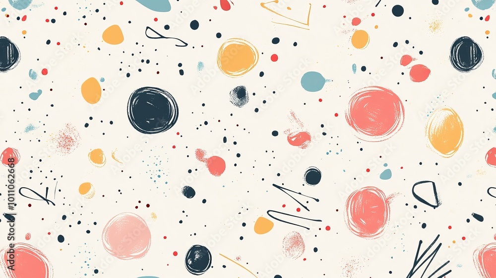 Wall mural playful doodle pattern background with abstract shapes and dots in pastel colors, perfect for modern