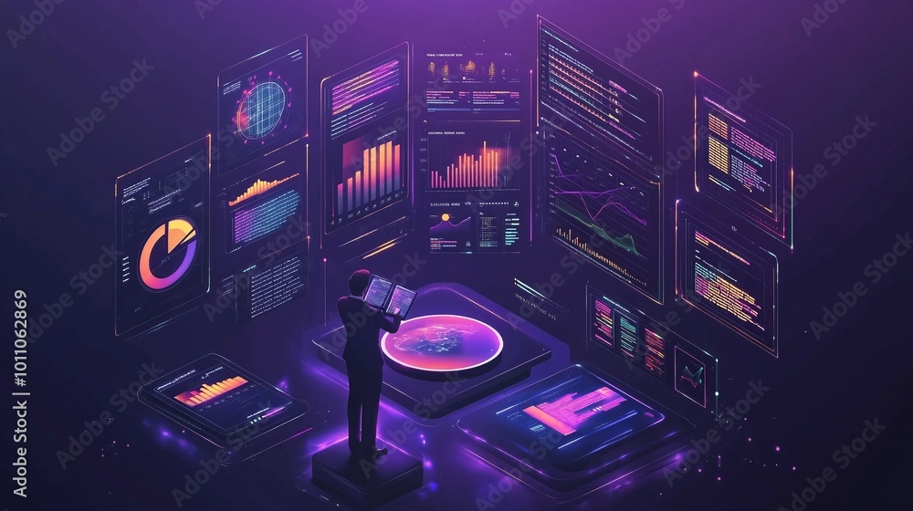 Poster modern business environment with data visualization tools showcasing digital charts, performance met