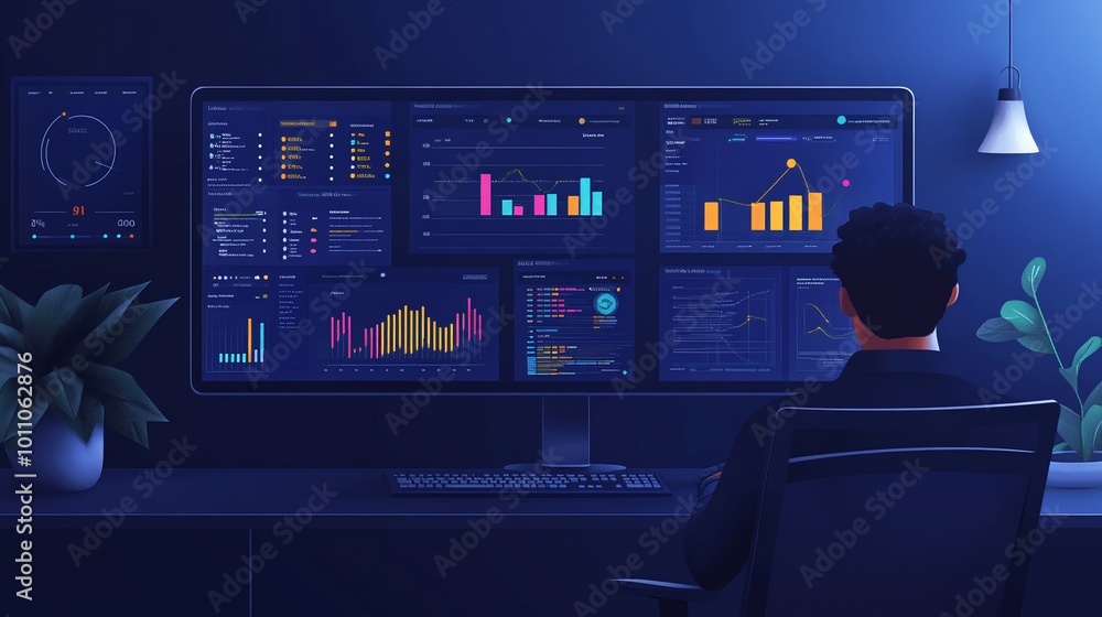 Aufkleber modern business environment with data visualization tools showcasing digital charts, performance met