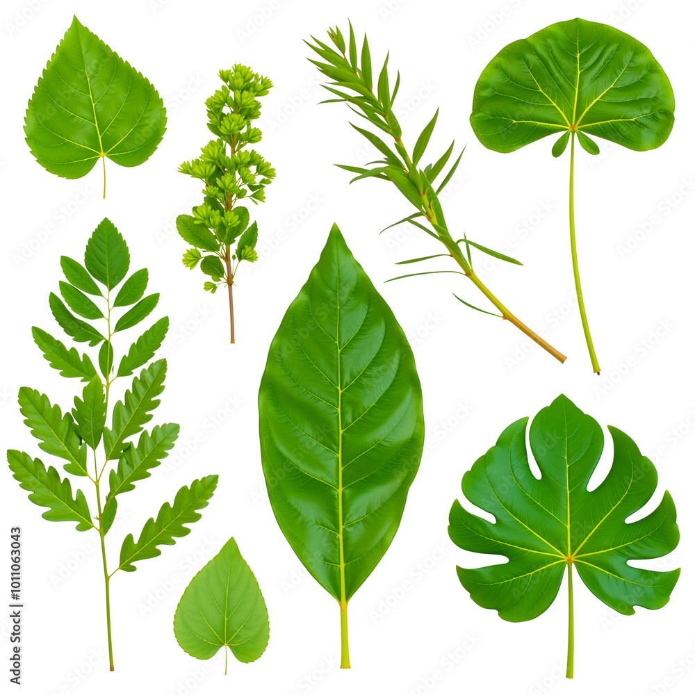 Wall mural vibrant green leaf collection: a diverse array of lush green leaves and stems, perfect for design pr