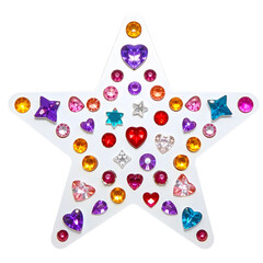 Star-Shaped Rhinestone Art: A vibrant, multicolored rhinestone starburst design, perfect for crafting, decoration, or scrapbooking.  Each gemstone sparkles with dazzling brilliance.