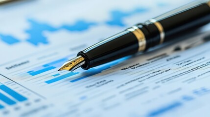 Close-up of a fountain pen resting on a financial report with blue graphs and statistics, symbolizing finance and analysis.