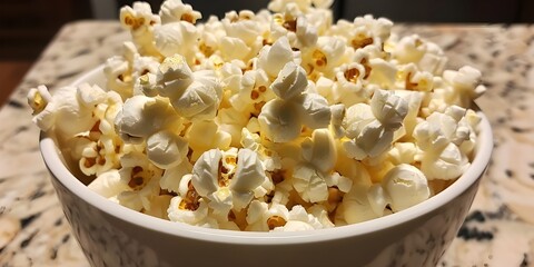 Recipiente con palomitas de ma&iacute;z en la mesa de madera
