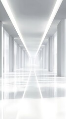 Fototapeta premium Bright Modern Corridor With Reflective Surfaces and Sleek Design in a Spacious Interior Setting