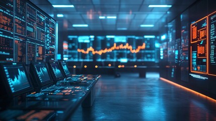 advanced futuristic trading room with digital displays showing real-time financial data, stock analytics, and market performance in a modern corporate trading environment