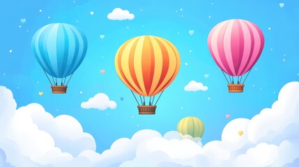 Naklejka premium A whimsical hot air balloon festival with colorful balloons floating against a bright blue sky, surrounded by fluffy clouds.