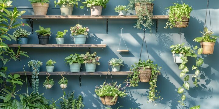 A variety of balcony plants arranged on shelves and hanging from hooks, adding greenery to the space