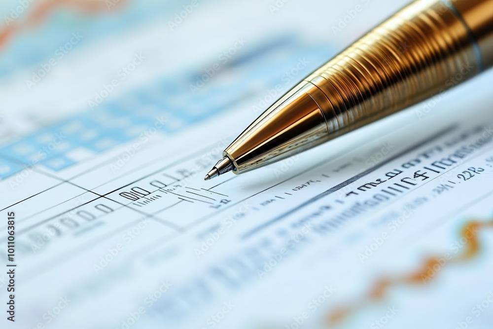 Poster close-up of a golden pen on a financial document, highlighting data charts and graphs for analysis a