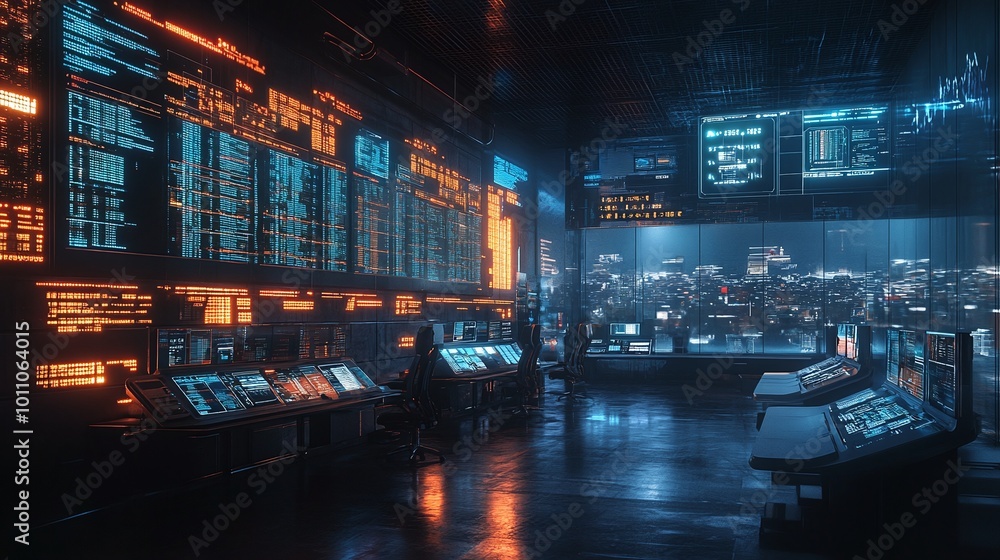 Poster digital data displays in a futuristic trading room highlighting stock market trends, investment stra
