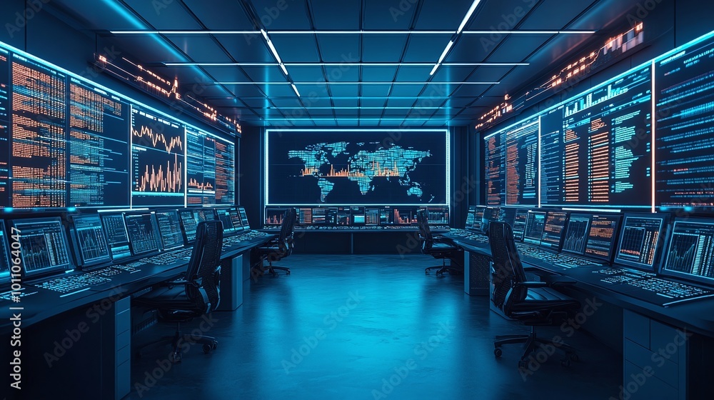 Poster digital data displays in a futuristic trading room highlighting stock market trends, investment stra