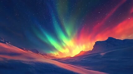 A breathtaking aurora illuminating a snowy landscape, casting vibrant colors on the white blanket of snow below.