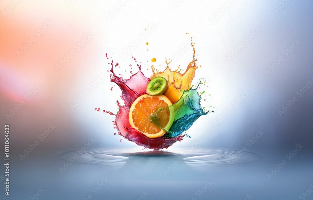 Poster a colorful splash of liquid surrounding orange and kiwi slices, isolated against a white background.