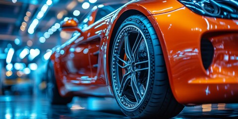 Shiny Orange Sports Car with Chrome Wheels Displayed at an Automotive Showroom