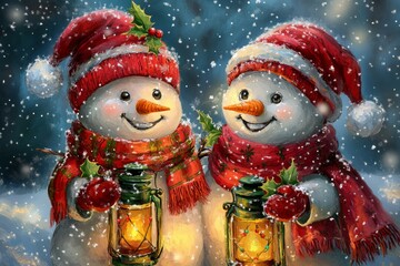 two happy snowmen, Christmas snowman poster art design