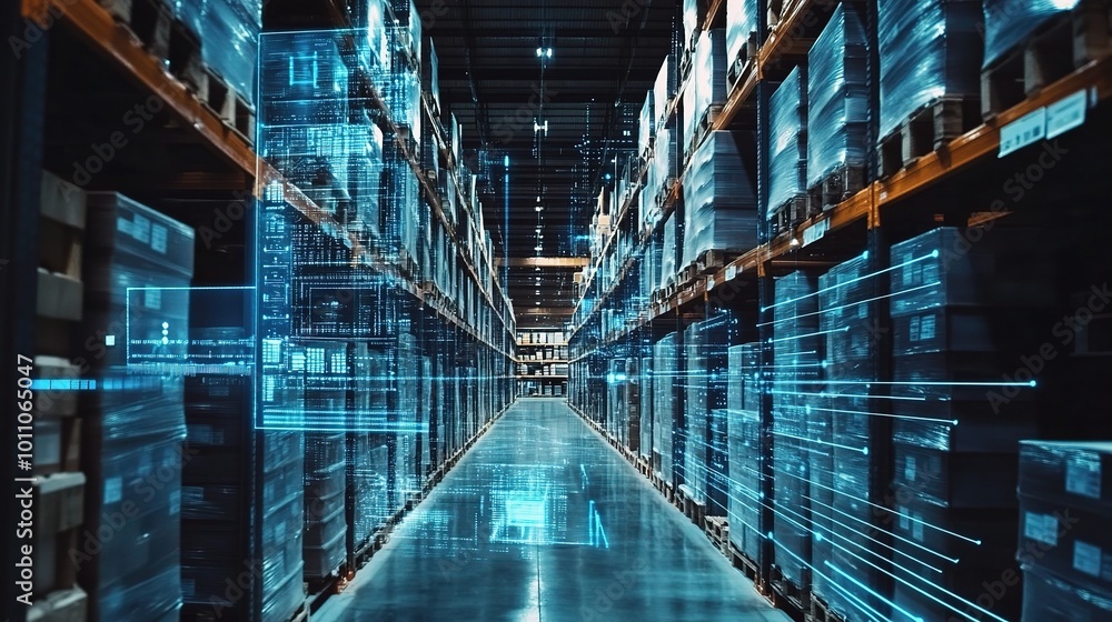 Poster futuristic warehouse with digital elements and data flow