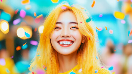 A joyful celebration with a smiling Asian woman and colorful confetti at carnival festivities