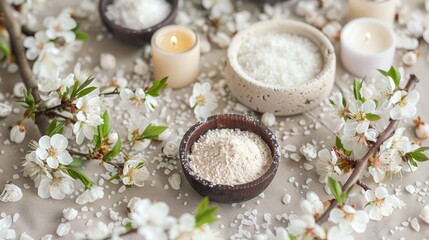 The items include bowls of various powders and salts, small white candles, and a few branches with blooming flowers