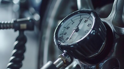 Close up of a car checking air pressure on wheel