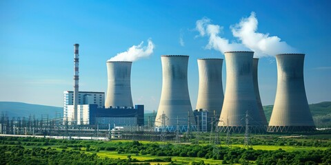 An industrial power plant with large smokestacks and cooling towers, set against a clear blue sky