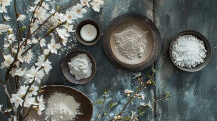 The items include bowls of various powders and salts, small white candles, and a few branches with blooming flowers