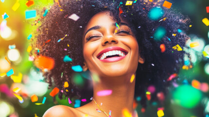 A joyful Black woman with curly hair celebrates carnival in a vibrant, colorful setting