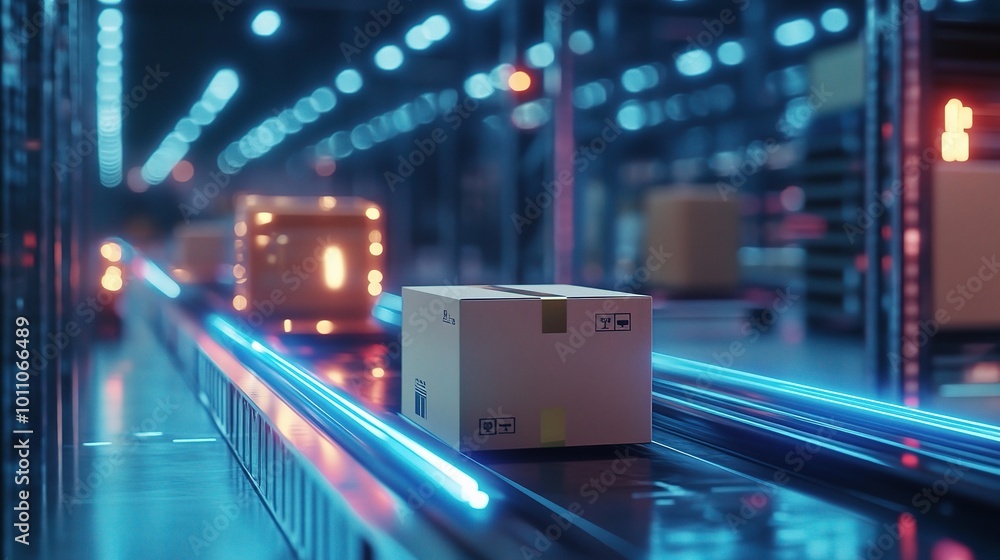 Poster modern warehouse with automated package handling system
