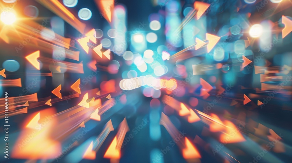 Poster dynamic light trails with directional arrows in urban scene