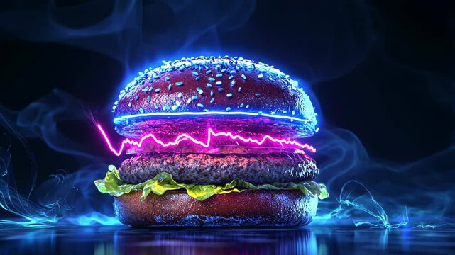 A glowing burger with blue and pink neon lights sits on a dark surface with smoke in the background