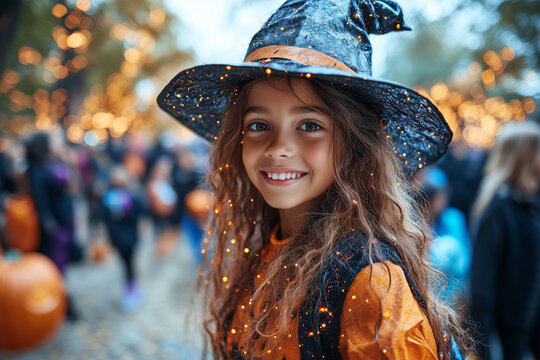 Portrait jeune fille, fillette, costume halloween sorci&egrave;re, carnaval