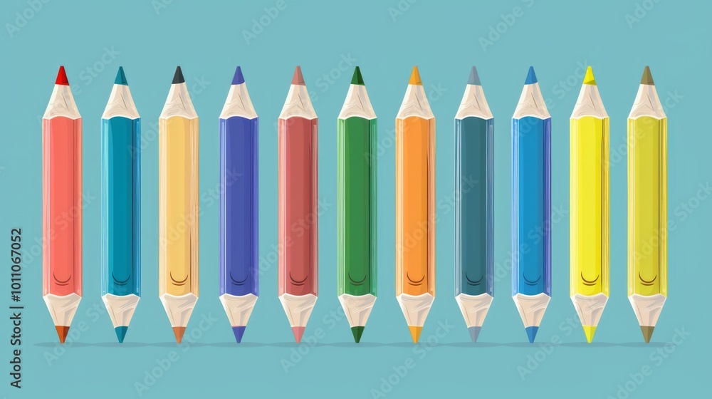 Poster cartoon style, the pencils have a consistent shape and size, creating a uniform and colorful present