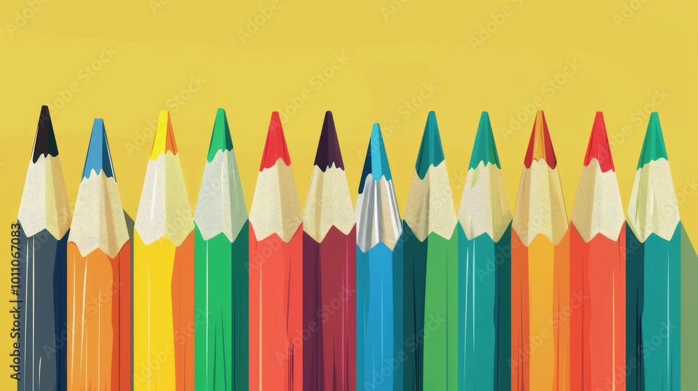 Poster cartoon style, the pencils have a consistent shape and size, creating a uniform and colorful present